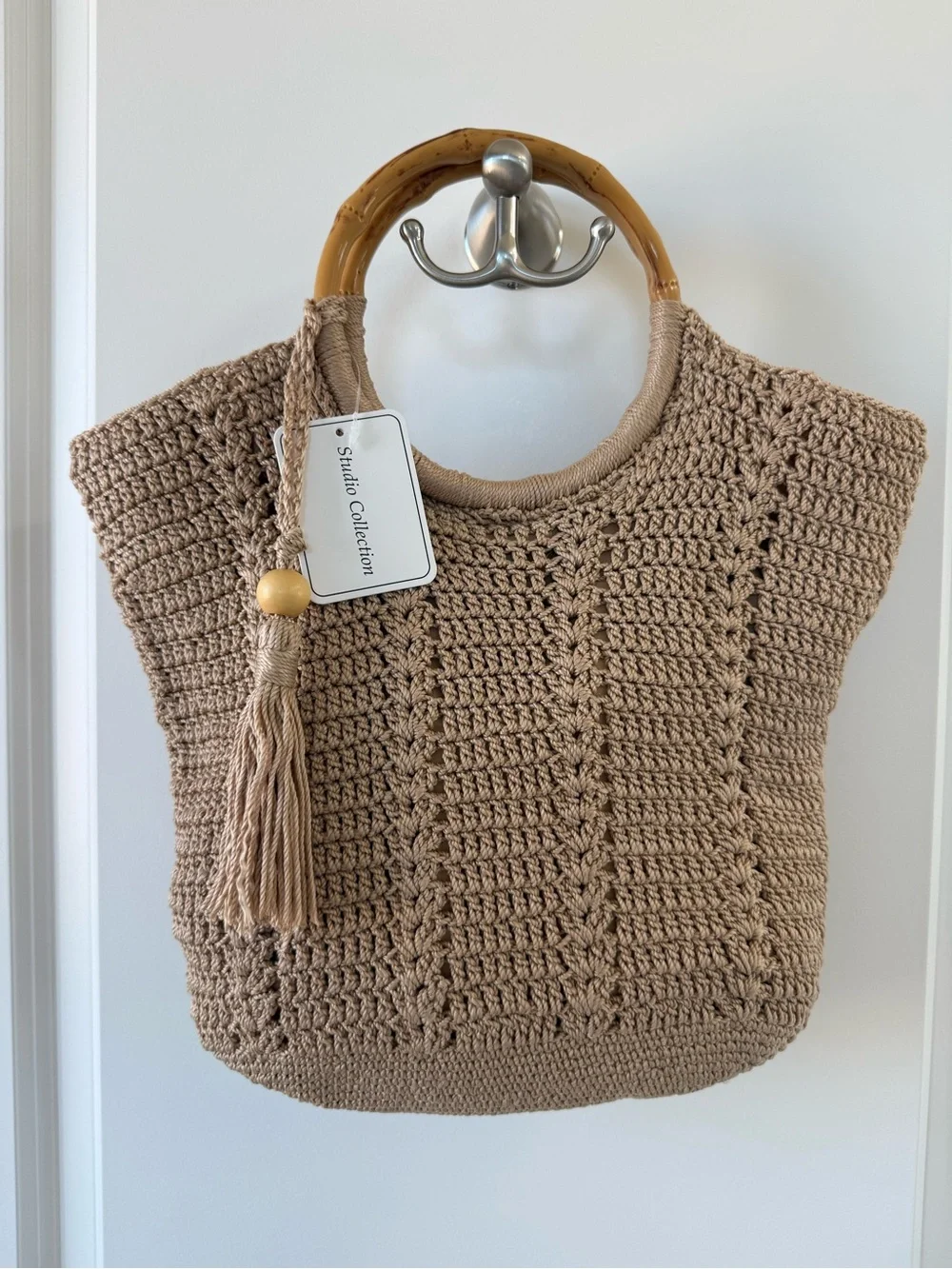 Studio Collection Crochet Tote in Beige with Bamboo Handles NWT